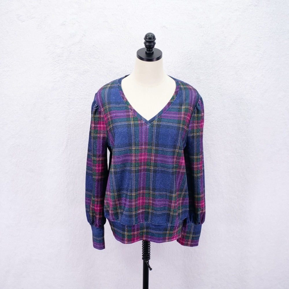 Cato Medium Green Blue Pink Plaid Polyester Metallic Spandex ‎ V-Neck Jacket